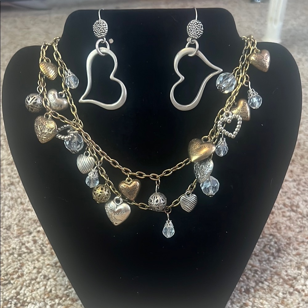 Gold and Silver Heart Charm Necklace and Earring Set
